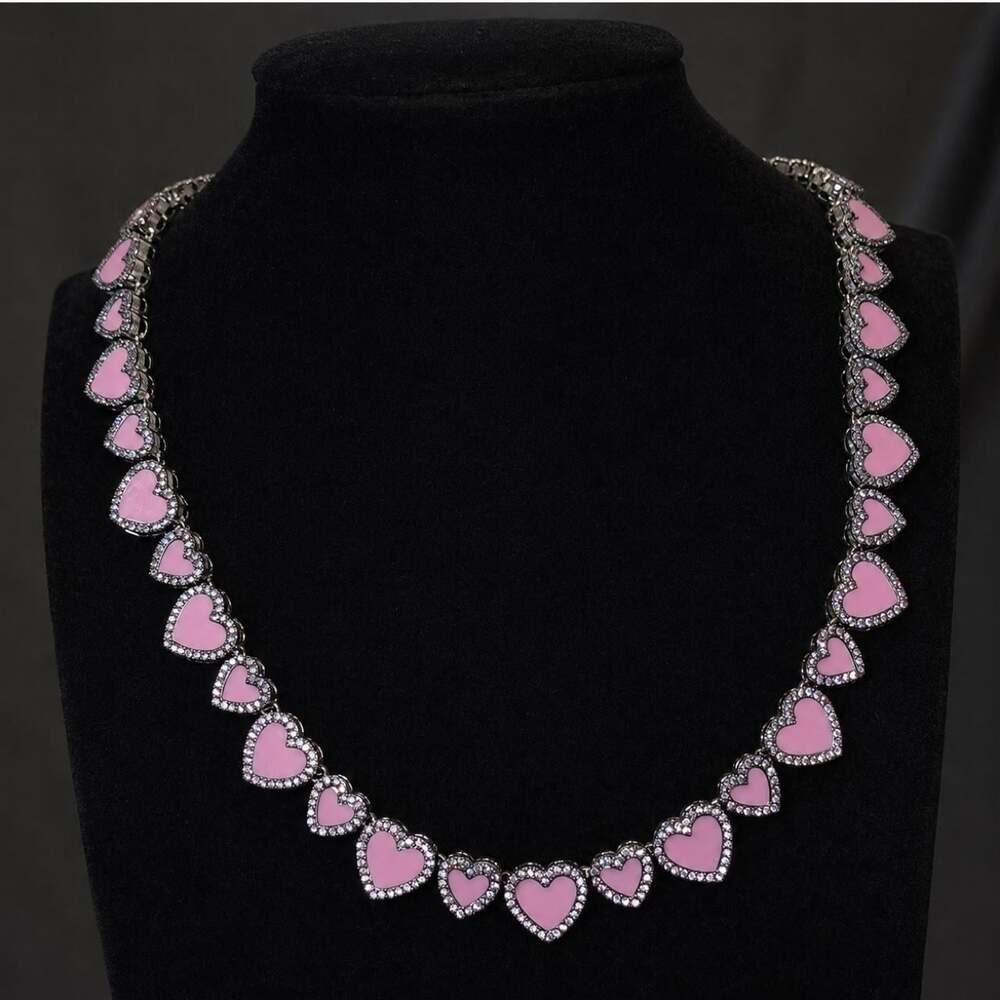 Pink Heart Necklace With Rhinestone 16inch